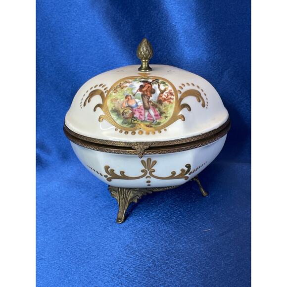 Antique Porcelain and Brass French Victorian Design Footed Powder or Trinket Box - Picture 1 of 9